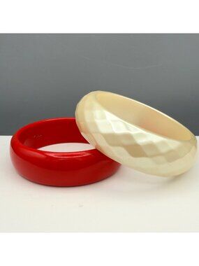 Vintage Lucite Bangle Bracelets Set of 2 Red Cream Chunky Stackable